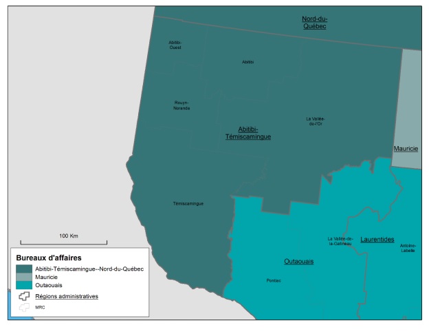 Carte de la région administrative de l'Abitibi-Témiscamingue, des municipalités régionales de comté (MRC) la composant, du territoire du bureau d'affaires (BA) de Développement économique Canada pour les régions du Québec (DEC) de l'Abitibi-Témiscamingue et du Nord-du-Québec et des territoires desservis par les BA limitrophes.