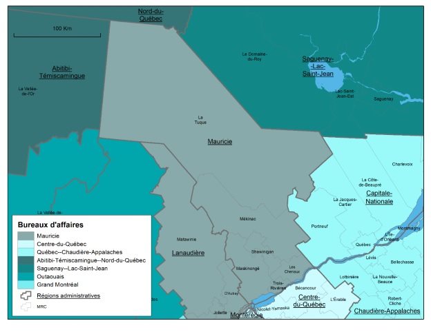 Carte de la région administrative de la Mauricie, des municipalités régionales de comté (MRC) la composant, du territoire du bureau d'affaires (BA) de Développement économique Canada pour les régions du Québec (DEC) de la Mauricie et des territoires desservis par les BA limitrophes.