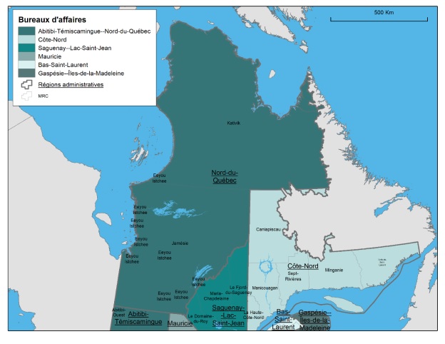 Carte de la région administrative du Nord-du-Québec, des municipalités régionales de comtés la composant, du territoire du bureau d'affaires (BA) de Développement économique Canada pour les régions du Québec (DEC) pour l'Abitibi-Témiscamingue et le Nord-du-Québec et des territoires desservis par les BA limitrophes.