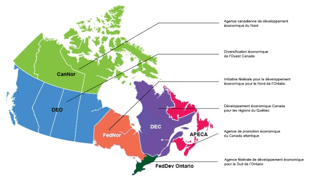 Carte du Canada représentant les régions desservies par les différentes agences de développement régionales (ADR) fédérales. 