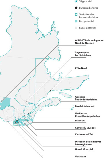 Carte du Québec représentant le siège social, les bureaux d'affaires et les territoires qu'ils desservent ainsi que les territoires à fort ou faible potentiel.