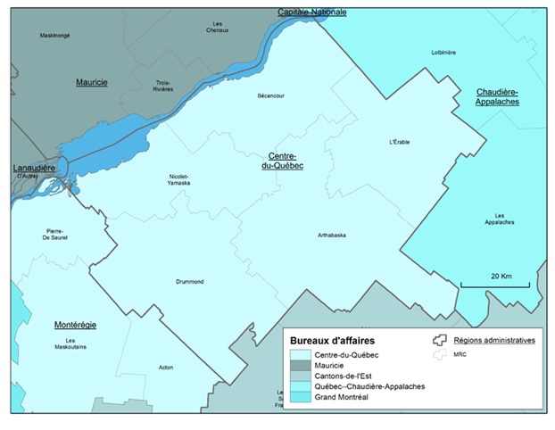 Carte de la région administrative du Centre-du-Québec, des municipalités régionales de comté (MRC) la composant, du territoire du bureau d'affaires (BA) de Développement économique Canada pour les régions du Québec (DEC) du Centre-du-Québec et des territoires desservis par les BA limitrophes.