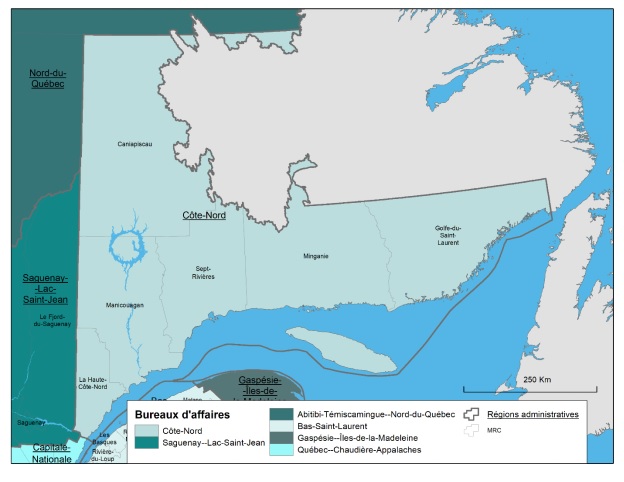 Carte de la région administrative de la Côte-Nord, des municipalités régionales de comté (MRC) la composant, du territoire du bureau d'affaires (BA) de Développement économique Canada pour les régions du Québec (DEC) de la Côte-Nord et des territoires desservis par les BA limitrophes.