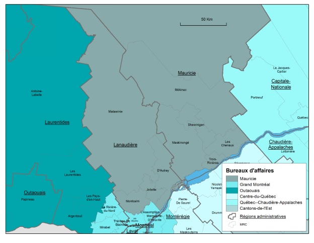 Carte de la région administrative de Lanaudière, des municipalités régionales de comté (MRC) la composant, du territoire du bureau d'affaires (BA) de Développement économique Canada pour les régions du Québec (DEC) desservant la région Lanaudière et des territoires desservis par les BA limitrophes.