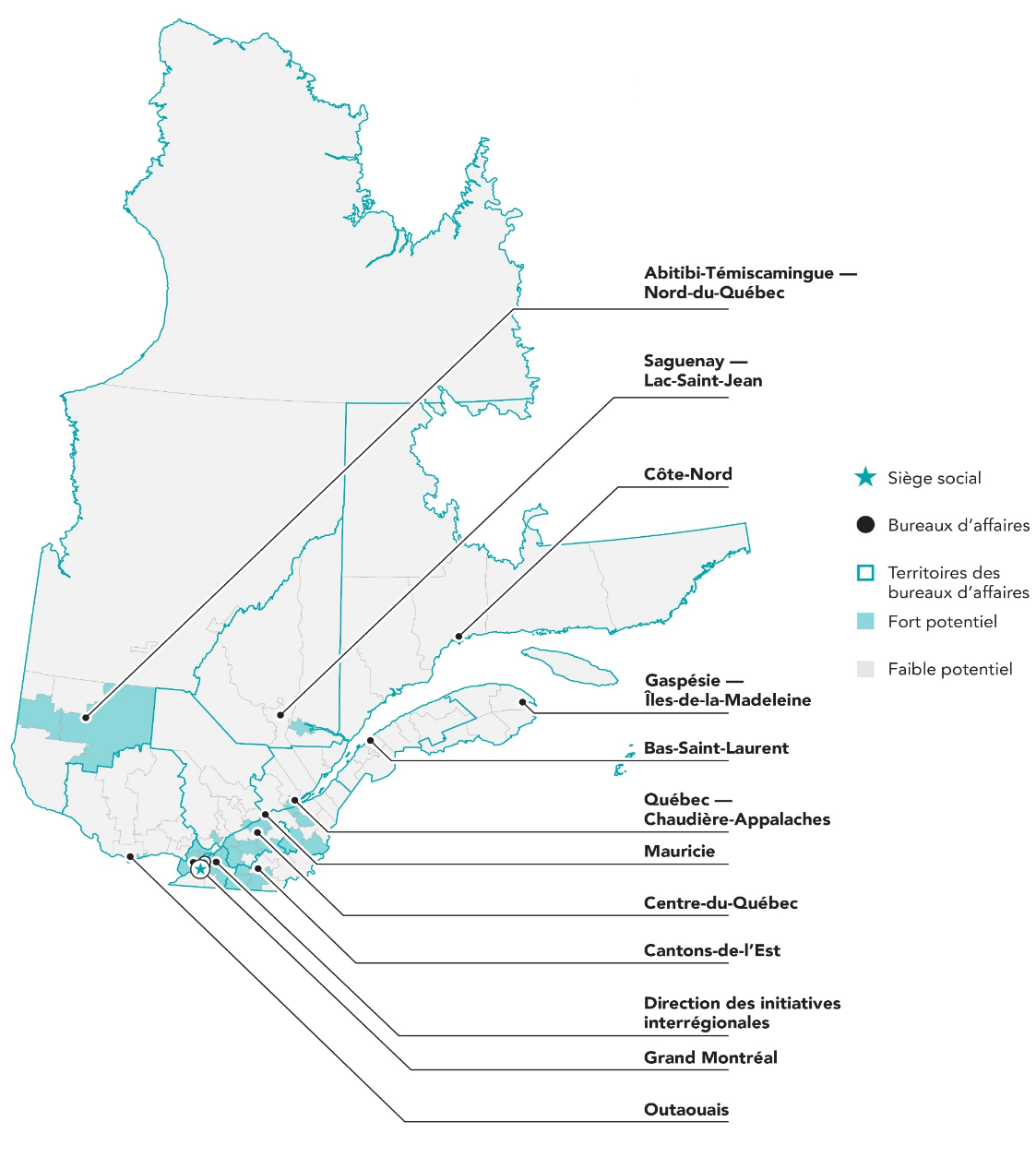 Les régions avec 12 bureaux d’affaires partout au Québec
