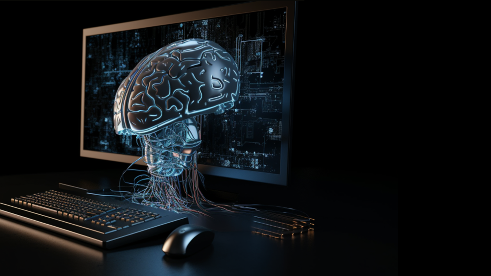 Sur fond noir, on voit un clavier, et un écran d'ordinateur devant lequel un cerveau est connecté à une multitude de fils pour représenter l'intelligence artificielle